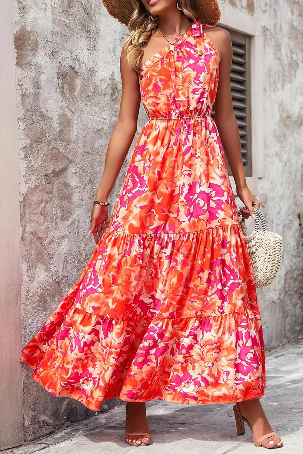 PRETTYGARDEN Women's Summer Floral One Shoulder Maxi Dress Knot Ruffle Boho Beach Vacation Wedding Guest Long Dresses