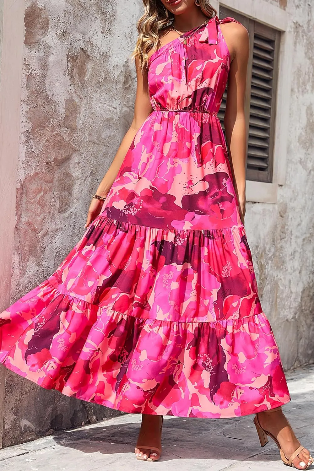 PRETTYGARDEN Women's Summer Floral One Shoulder Maxi Dress Knot Ruffle Boho Beach Vacation Wedding Guest Long Dresses