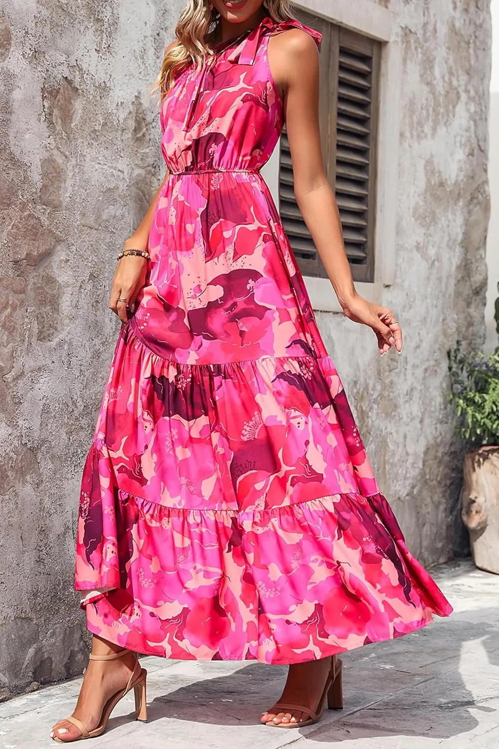 PRETTYGARDEN Women's Summer Floral One Shoulder Maxi Dress Knot Ruffle Boho Beach Vacation Wedding Guest Long Dresses