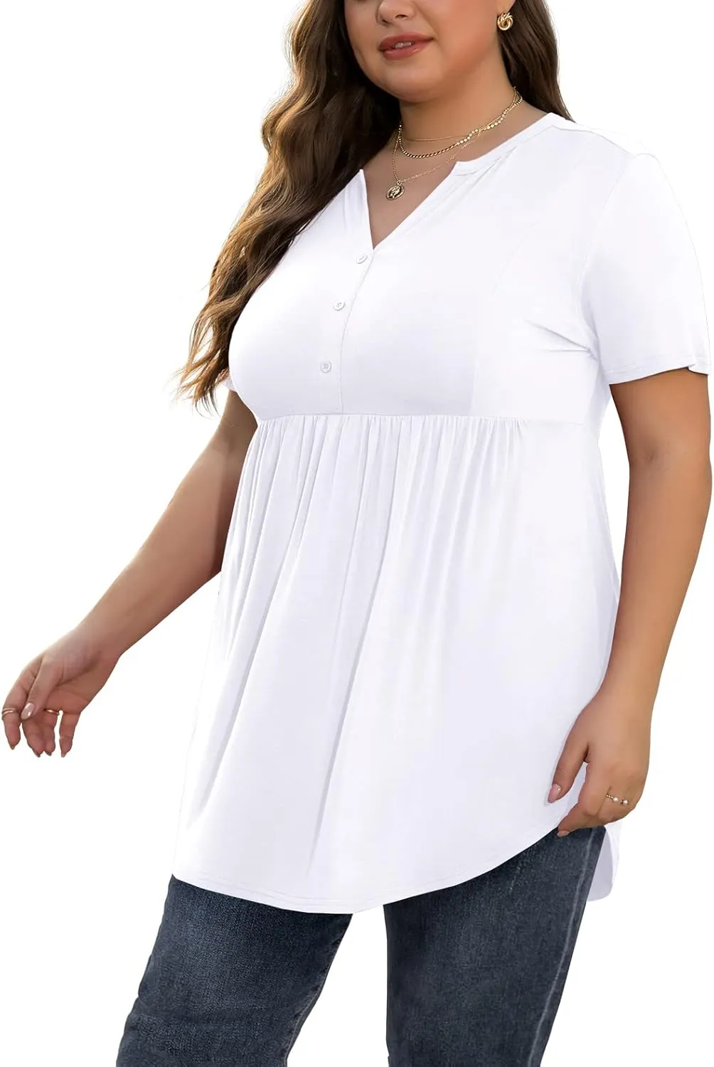 SHIJIALI Women's Plus Size Henley Shirts V Neck Button Tunic Tops Casual Short Sleeve Swing Flowy Tunic