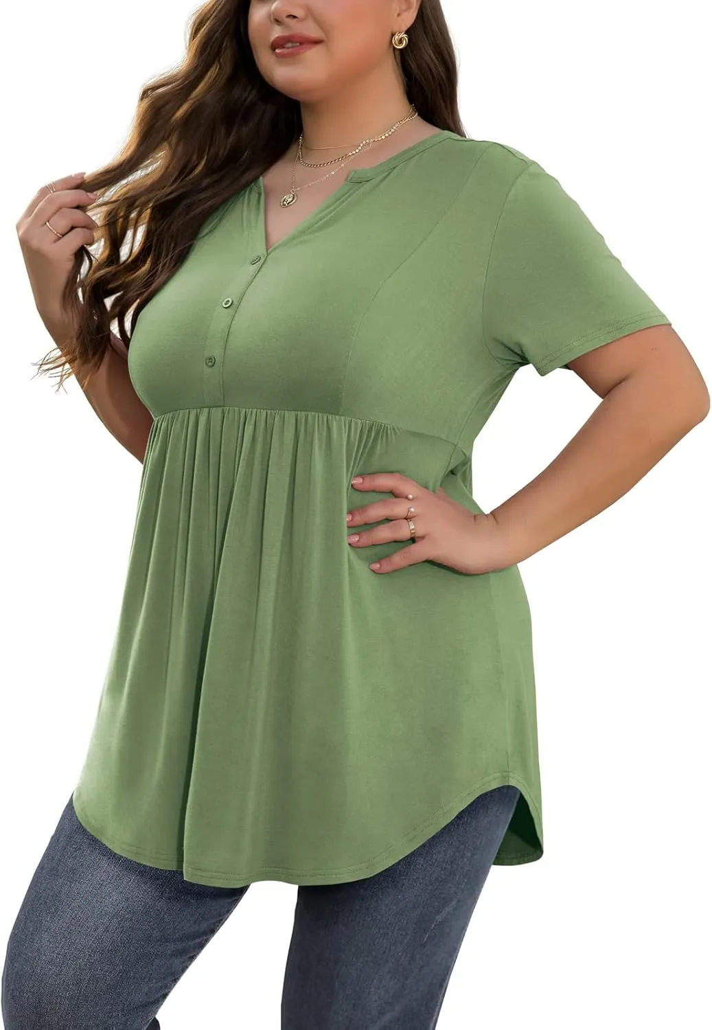 SHIJIALI Women's Plus Size Henley Shirts V Neck Button Tunic Tops Casual Short Sleeve Swing Flowy Tunic