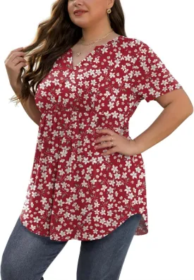 SHIJIALI Women's Plus Size Henley Shirts V Neck Button Tunic Tops Casual Short Sleeve Swing Flowy Tunic