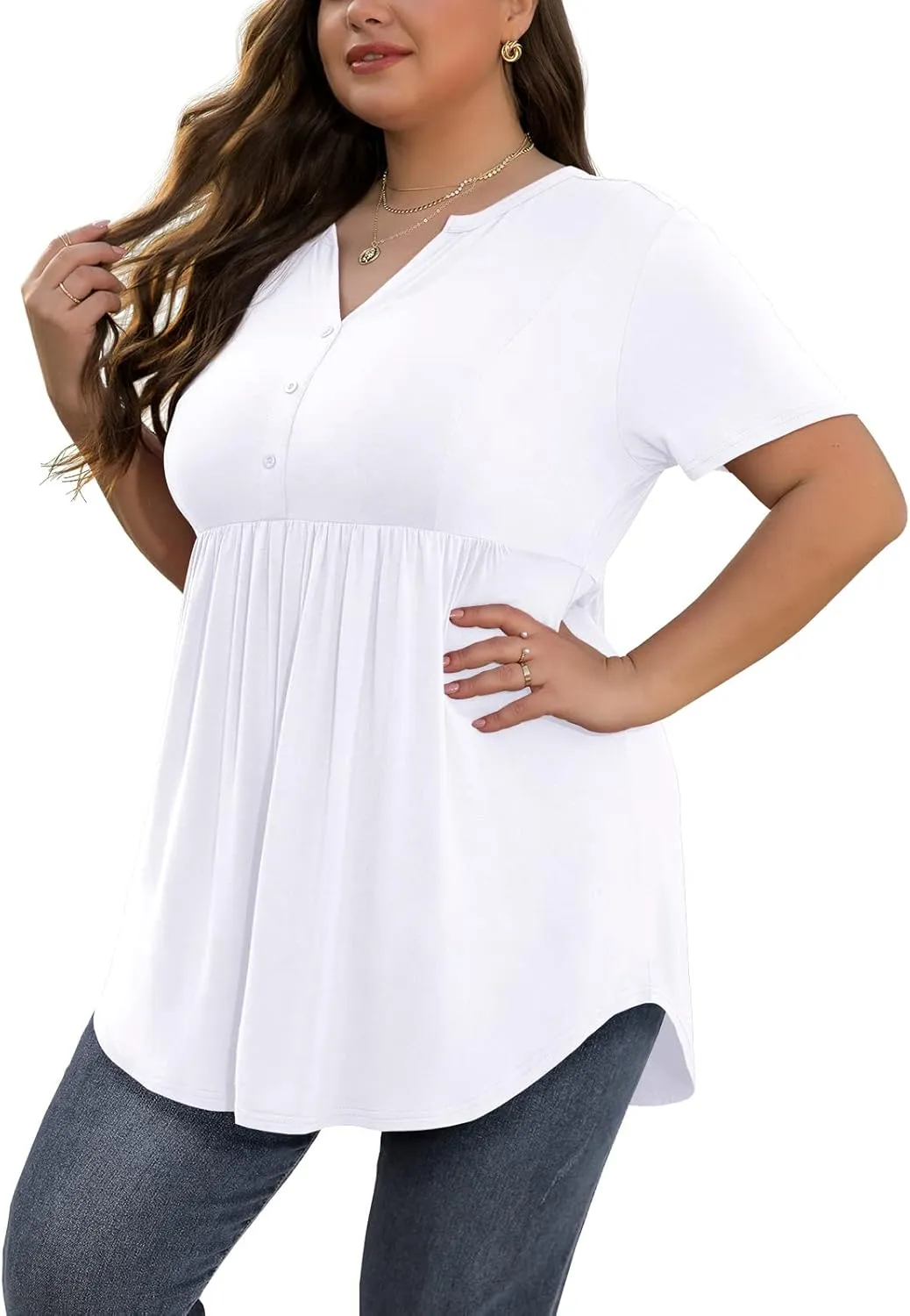 SHIJIALI Women's Plus Size Henley Shirts V Neck Button Tunic Tops Casual Short Sleeve Swing Flowy Tunic