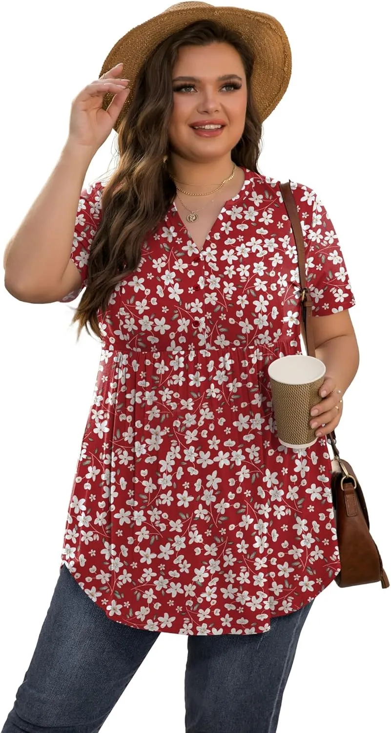 SHIJIALI Women's Plus Size Henley Shirts V Neck Button Tunic Tops Casual Short Sleeve Swing Flowy Tunic