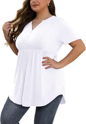 SHIJIALI Women's Plus Size Henley Shirts V Neck Button Tunic Tops Casual Short Sleeve Swing Flowy Tunic