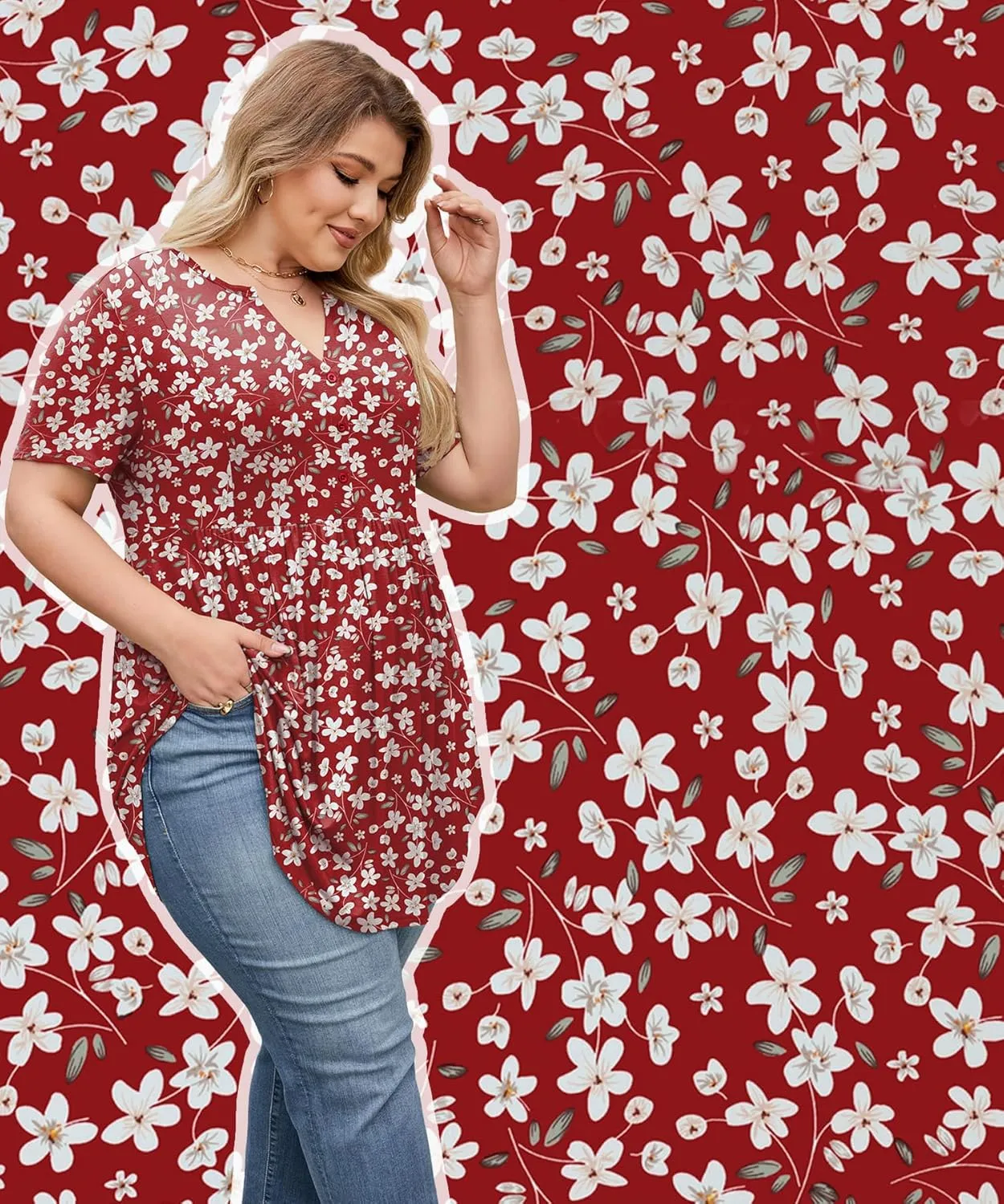 SHIJIALI Women's Plus Size Henley Shirts V Neck Button Tunic Tops Casual Short Sleeve Swing Flowy Tunic