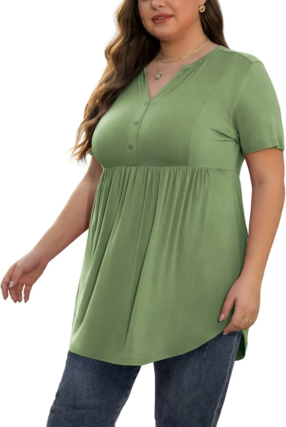 SHIJIALI Women's Plus Size Henley Shirts V Neck Button Tunic Tops Casual Short Sleeve Swing Flowy Tunic