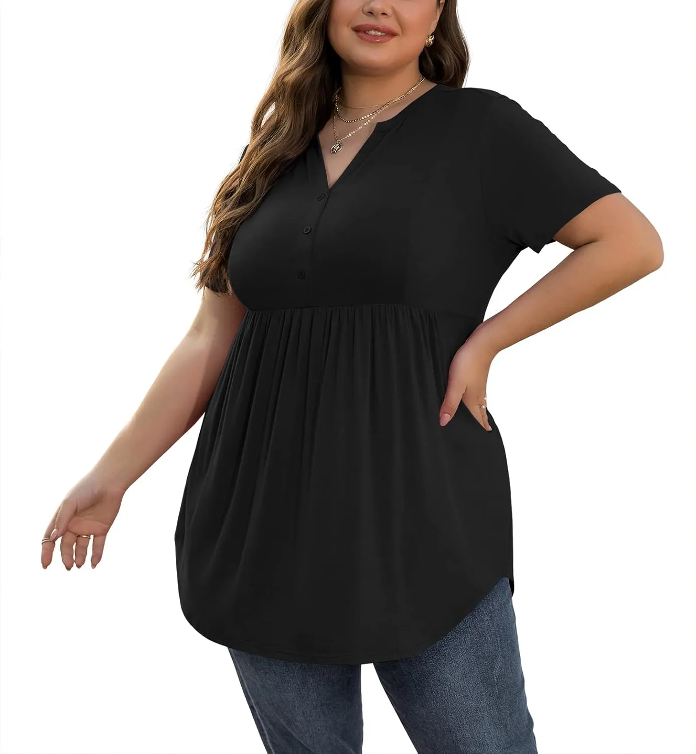SHIJIALI Women's Plus Size Henley Shirts V Neck Button Tunic Tops Casual Short Sleeve Swing Flowy Tunic