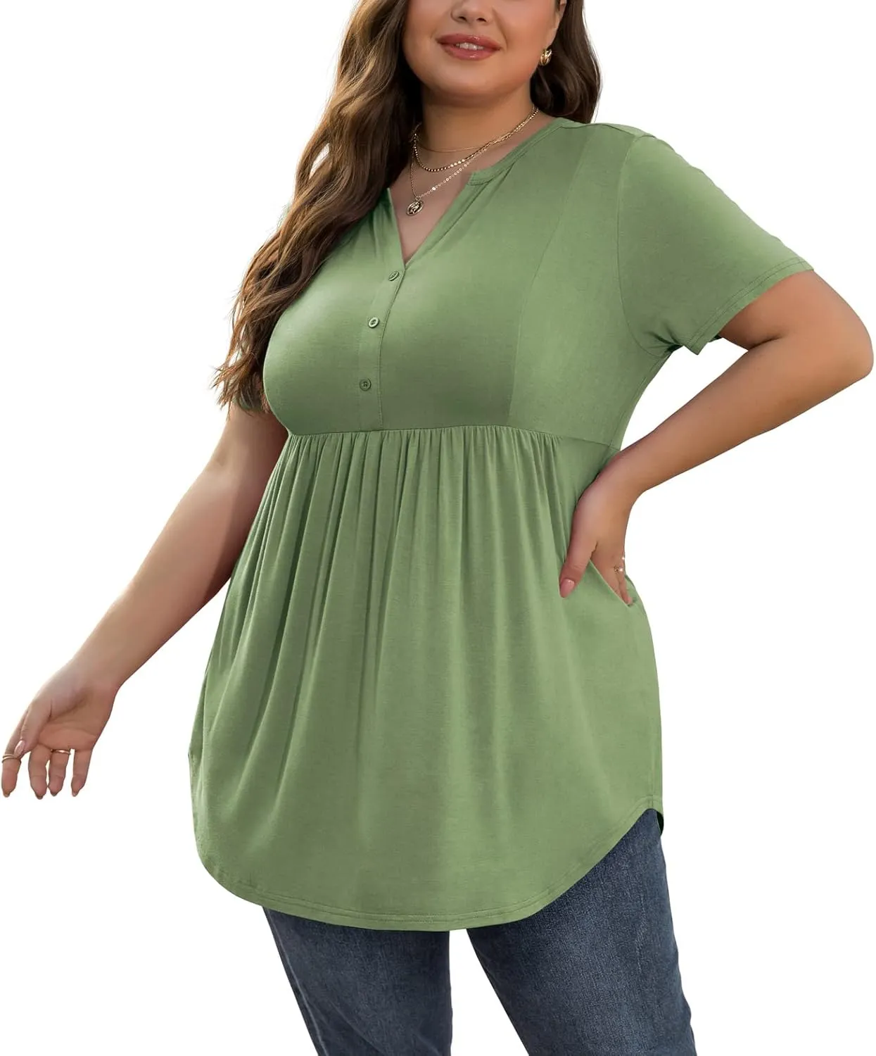 SHIJIALI Women's Plus Size Henley Shirts V Neck Button Tunic Tops Casual Short Sleeve Swing Flowy Tunic