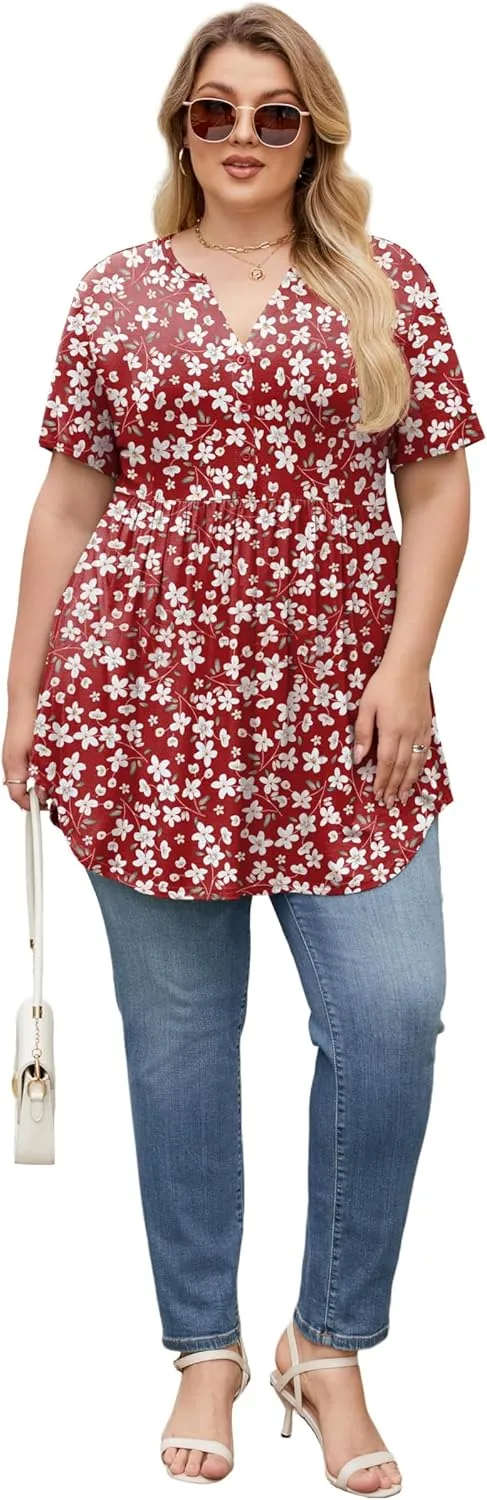 SHIJIALI Women's Plus Size Henley Shirts V Neck Button Tunic Tops Casual Short Sleeve Swing Flowy Tunic