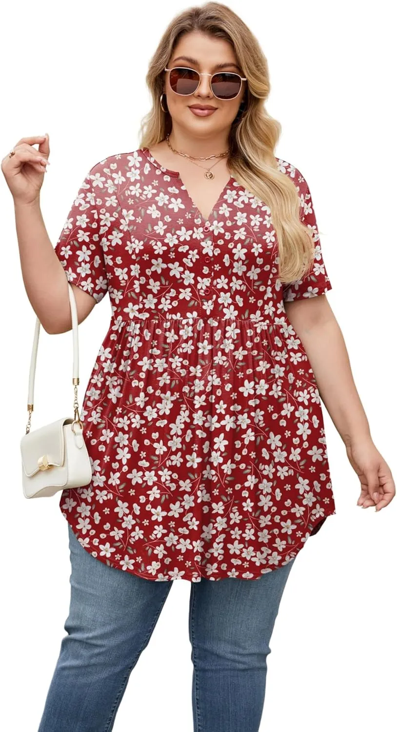 SHIJIALI Women's Plus Size Henley Shirts V Neck Button Tunic Tops Casual Short Sleeve Swing Flowy Tunic