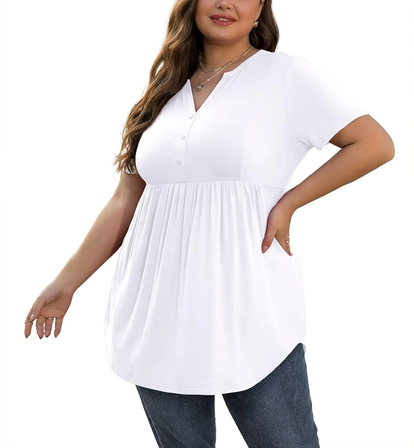 SHIJIALI Women's Plus Size Henley Shirts V Neck Button Tunic Tops Casual Short Sleeve Swing Flowy Tunic