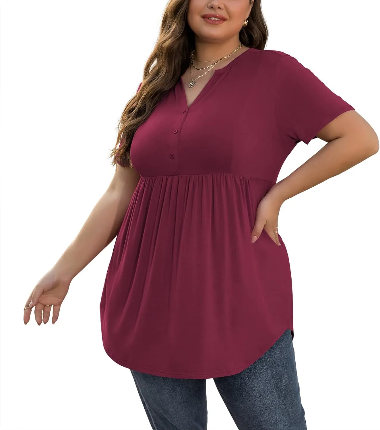 SHIJIALI Women's Plus Size Henley Shirts V Neck Button Tunic Tops Casual Short Sleeve Swing Flowy Tunic