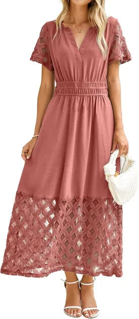 Simplee Womens 2025 Summer Boho Maxi Dress V Neck Empire Waist Long Flowy Dresses with Pockets