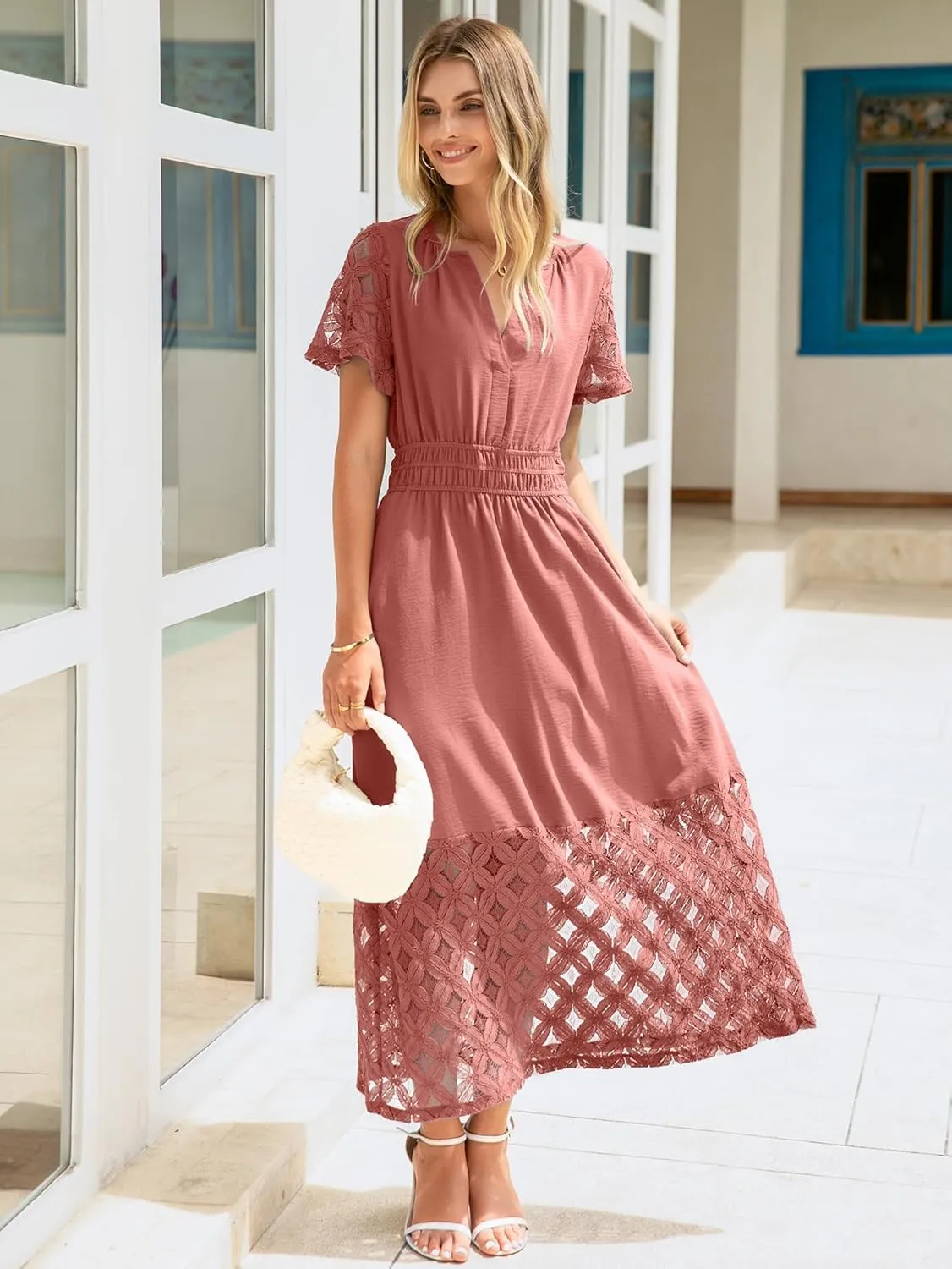 Simplee Womens 2025 Summer Boho Maxi Dress V Neck Empire Waist Long Flowy Dresses with Pockets