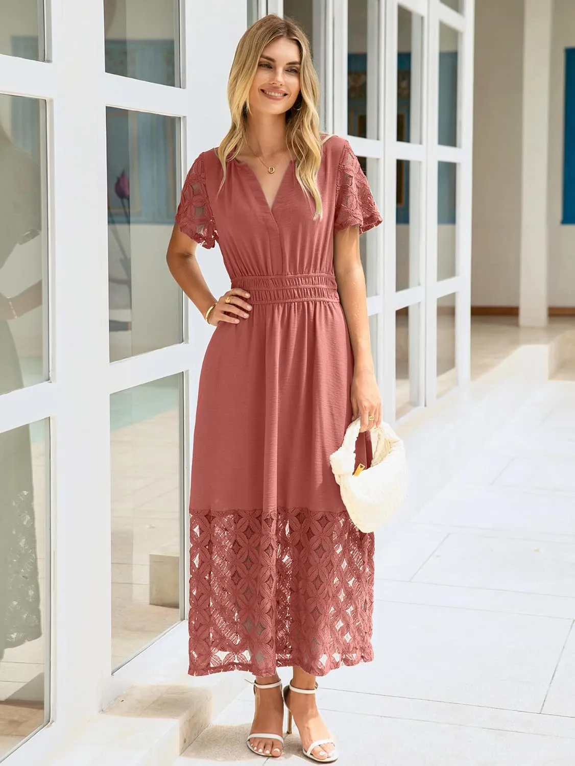 Simplee Womens 2025 Summer Boho Maxi Dress V Neck Empire Waist Long Flowy Dresses with Pockets