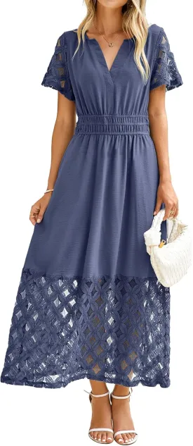 Simplee Womens 2025 Summer Boho Maxi Dress V Neck Empire Waist Long Flowy Dresses with Pockets