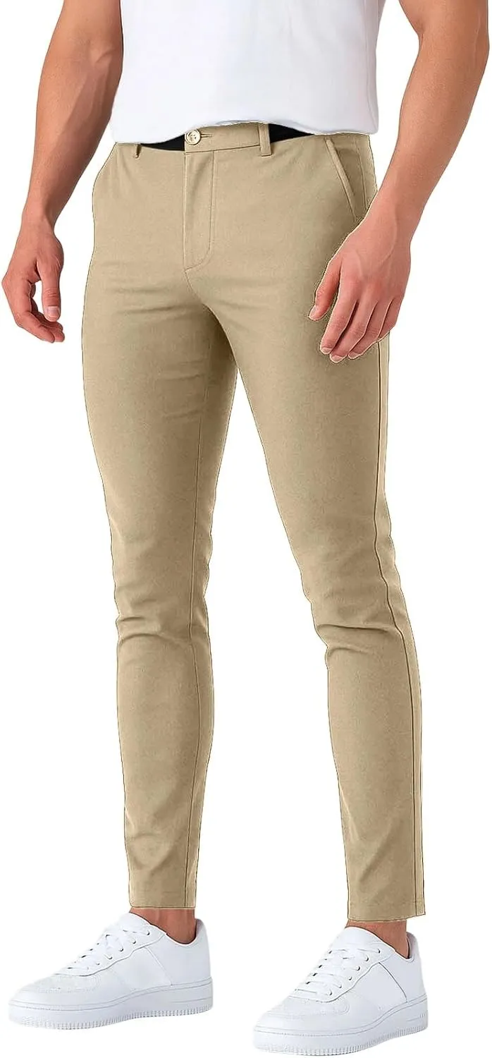 Slim Fit Dress Pants for Men Stretch Tapered Chino Pants with Pockets Skinny Business Casual Wrinkle Free Slacks