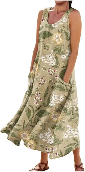 Summer Dresses for Women 2024 Sleeveless Casual Fashion Retro Printed Round Neck Pocket Dress