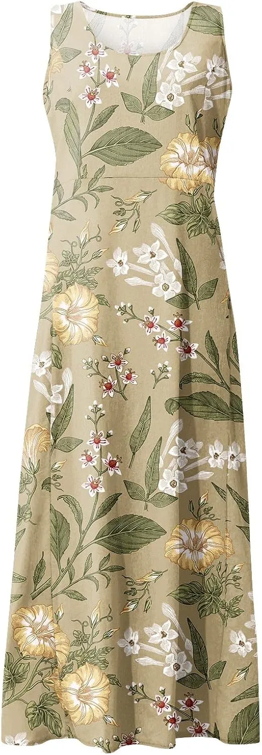 Summer Dresses for Women 2024 Sleeveless Casual Fashion Retro Printed Round Neck Pocket Dress