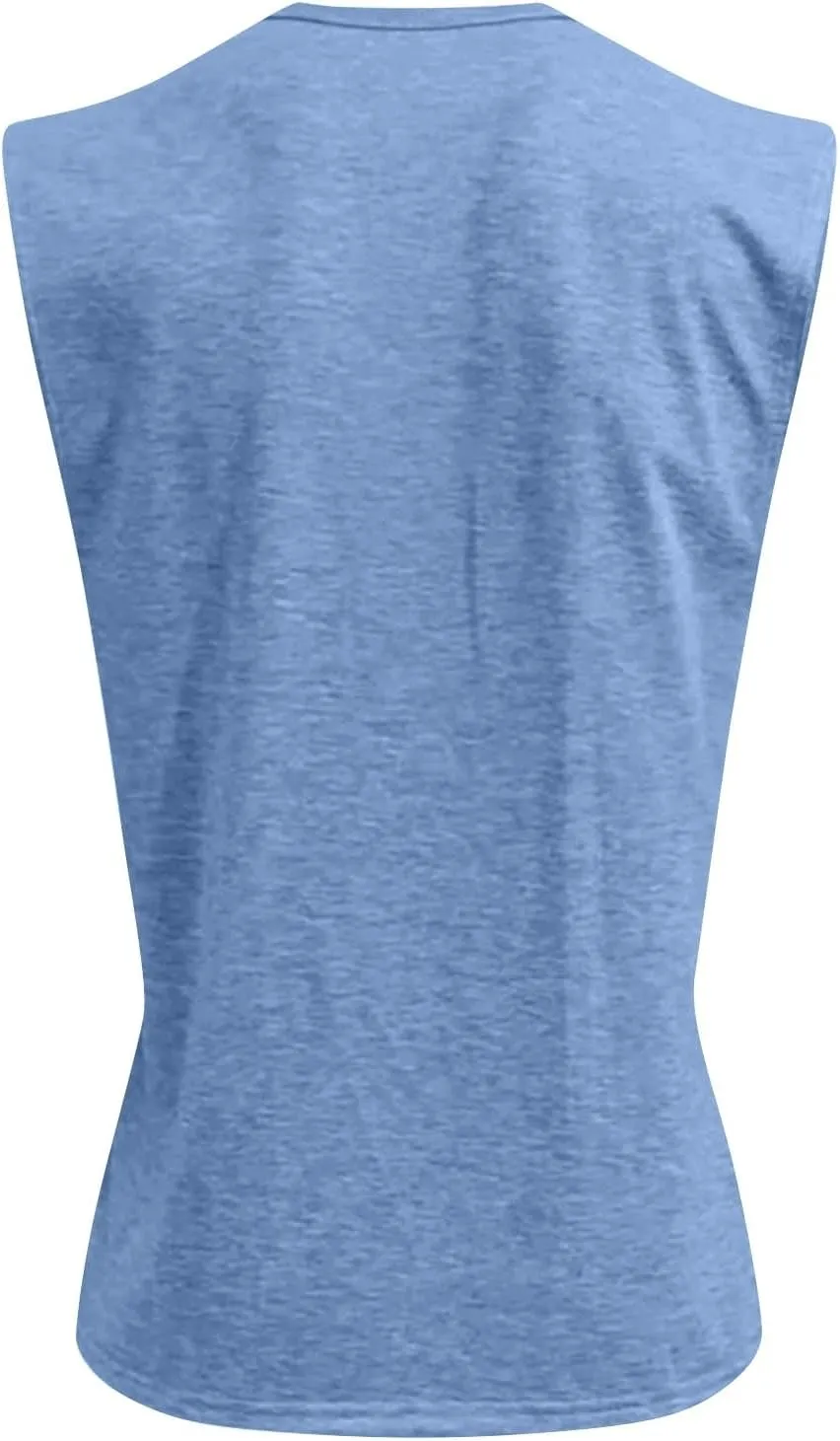 Summer Tops 2025 Men's Polo Shirt Sleeveless Distressed Washed V Neck Button T-Shirt Relaxed Fit Casual Vintage Solid Tee Top