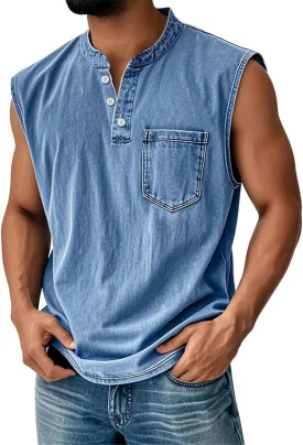 Summer Tops 2025 Men's Polo Shirt Sleeveless Distressed Washed V Neck Button T-Shirt Relaxed Fit Casual Vintage Solid Tee Top
