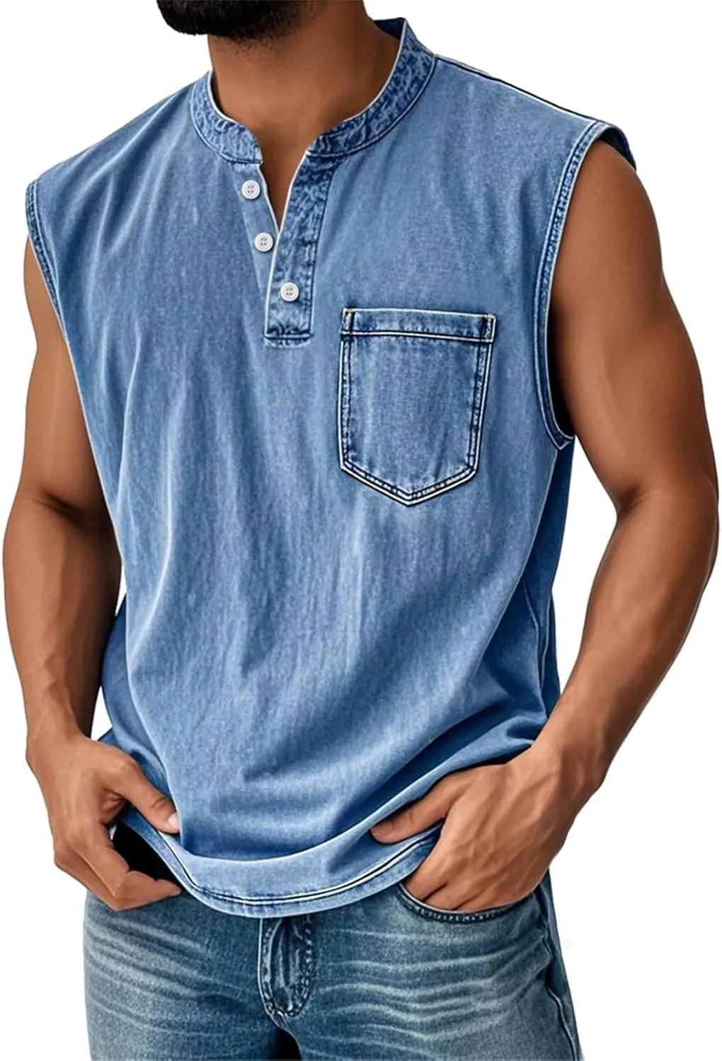 Summer Tops 2025 Men's Polo Shirt Sleeveless Distressed Washed V Neck Button T-Shirt Relaxed Fit Casual Vintage Solid Tee Top