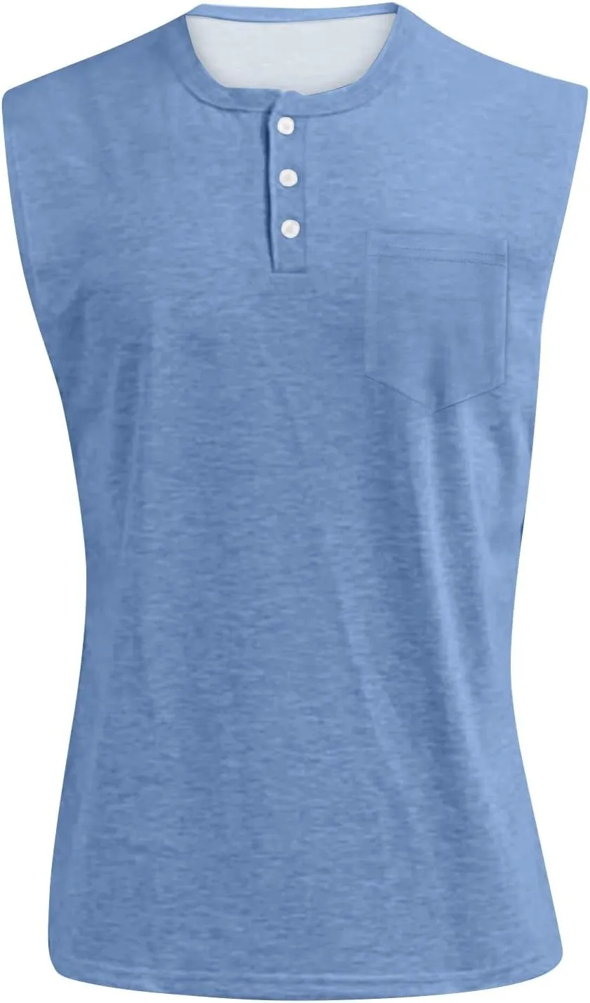 Summer Tops 2025 Men's Polo Shirt Sleeveless Distressed Washed V Neck Button T-Shirt Relaxed Fit Casual Vintage Solid Tee Top