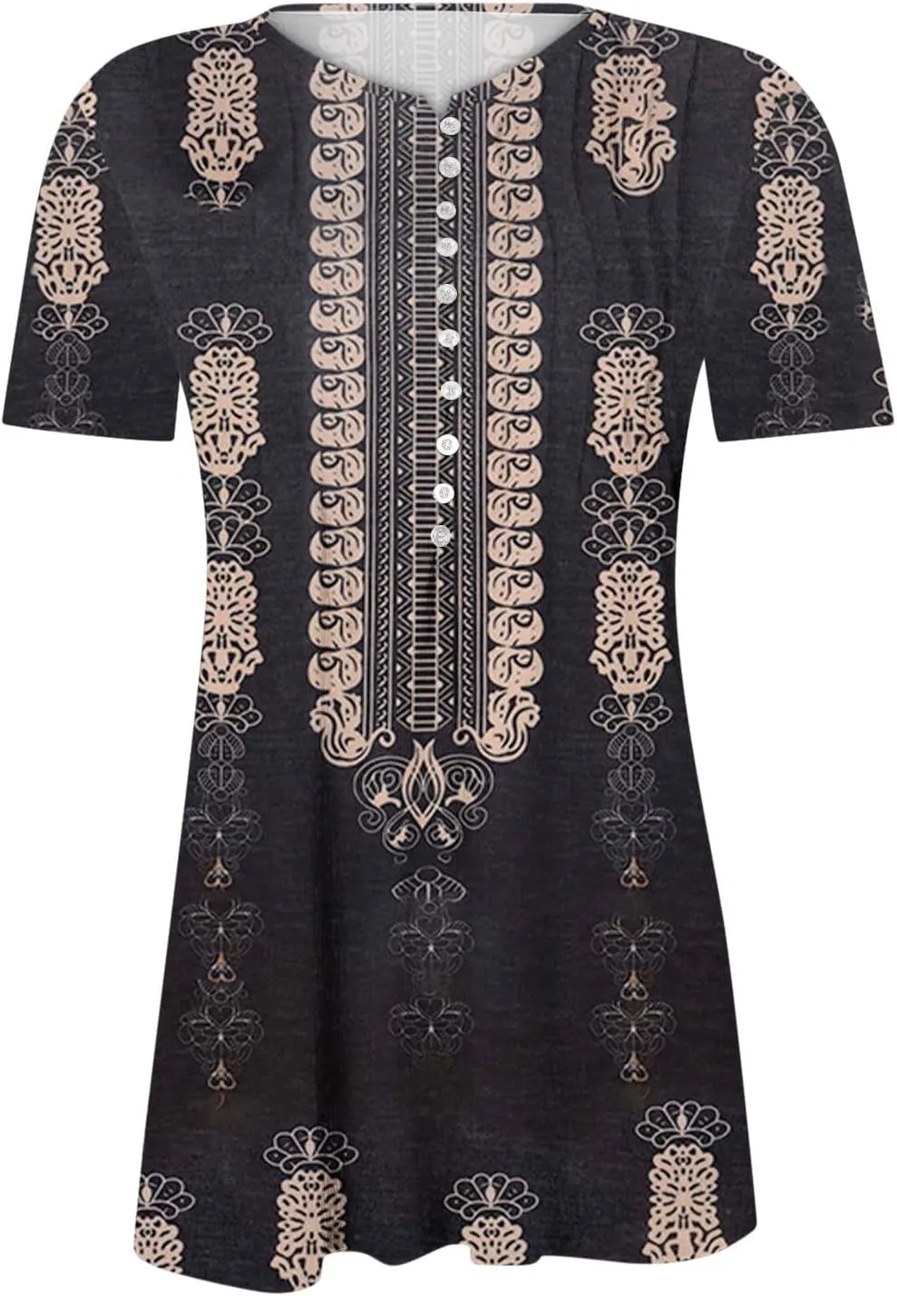Summer Tops for Women 2025 Trendy Boho Floral Print Tunic Shirts Short Sleeve Button v Neck Tshirt Casual Loose Blouse