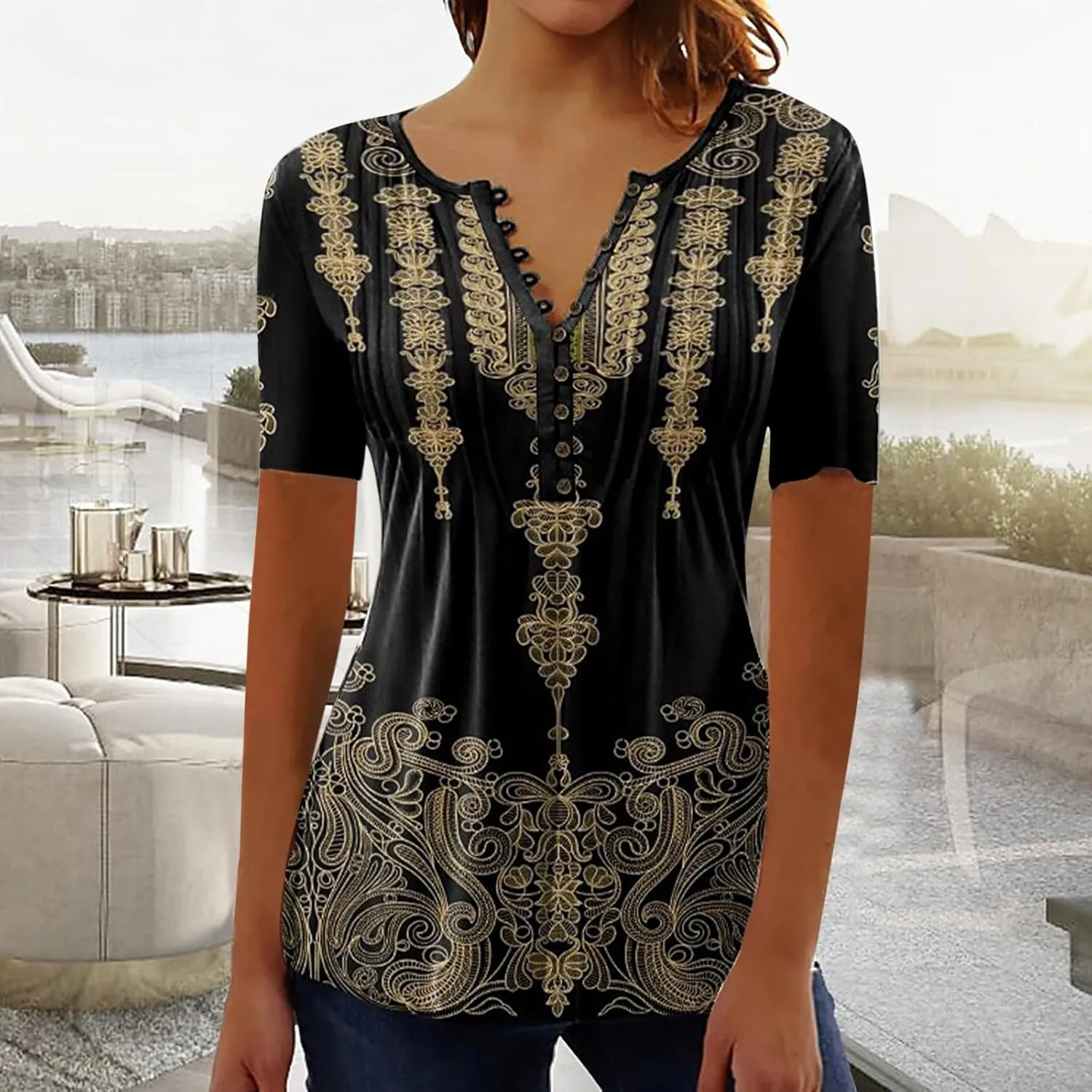 Summer Tops for Women 2025 Trendy Boho Floral Print Tunic Shirts Short Sleeve Button v Neck Tshirt Casual Loose Blouse