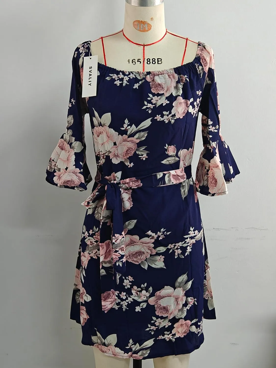 SVALIY Women Off Shoulder Ruffles Floral Tunic Casual Party Shift Short Dress