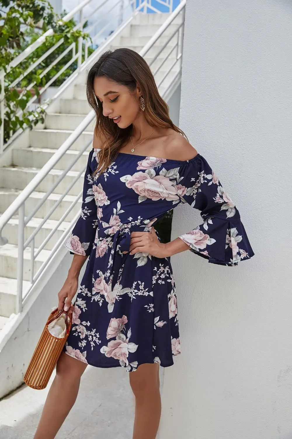 SVALIY Women Off Shoulder Ruffles Floral Tunic Casual Party Shift Short Dress