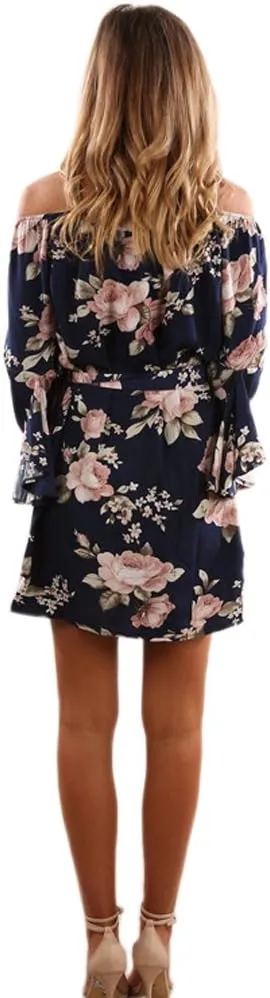 SVALIY Women Off Shoulder Ruffles Floral Tunic Casual Party Shift Short Dress