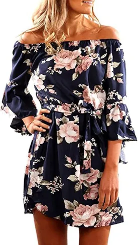 SVALIY Women Off Shoulder Ruffles Floral Tunic Casual Party Shift Short Dress