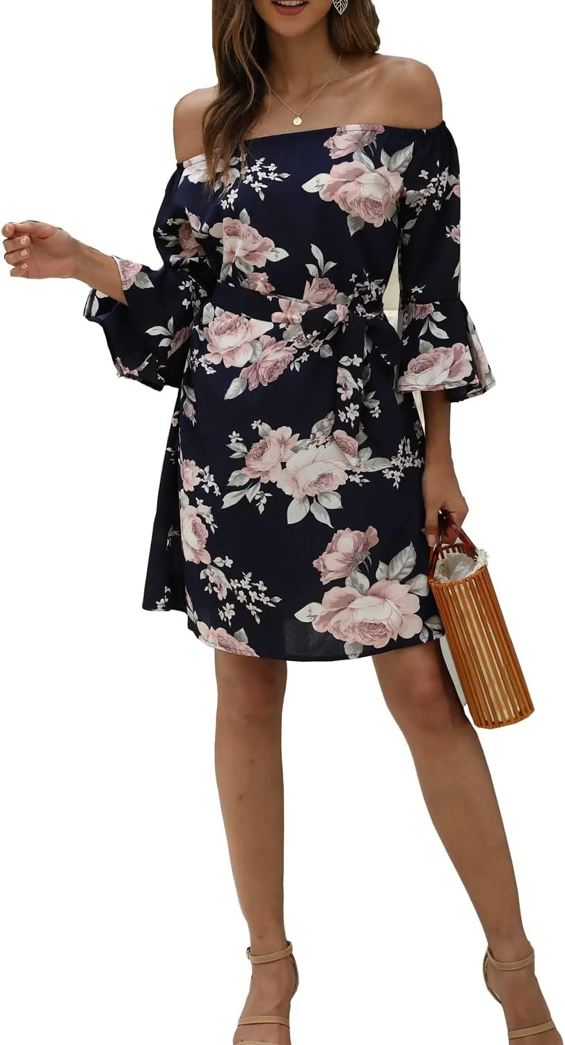 SVALIY Women Off Shoulder Ruffles Floral Tunic Casual Party Shift Short Dress