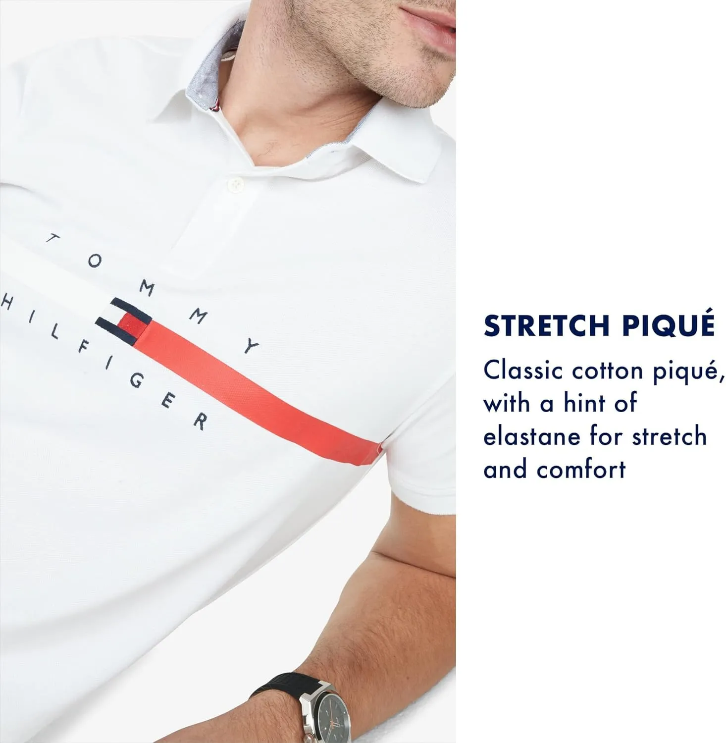 Tommy Hilfiger Men's Short Sleeve Cotton Pique Flag Graphic Polo Shirt in Custom Fit