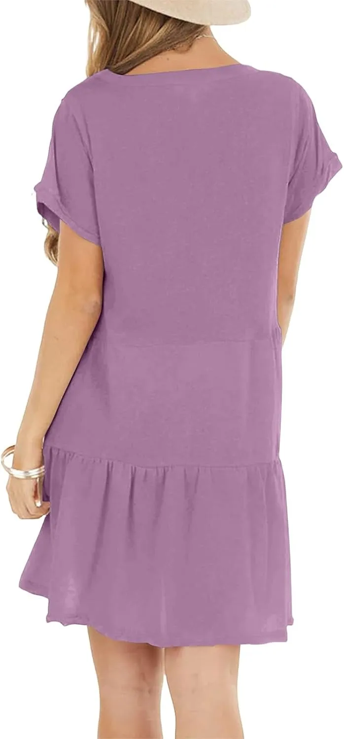 Tshirt Dress Women Summer Short Sleeve Casual Dresses Drop Waist Ruffle Hem Babydoll Dress Cute Crewneck Mini Dresses