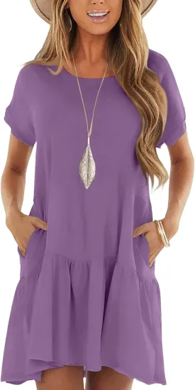 Tshirt Dress Women Summer Short Sleeve Casual Dresses Drop Waist Ruffle Hem Babydoll Dress Cute Crewneck Mini Dresses