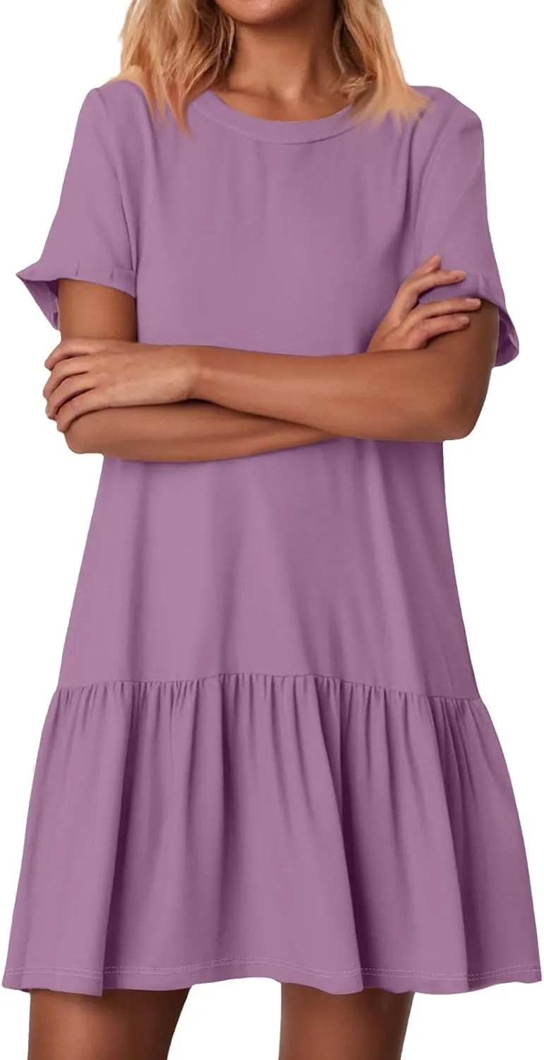 Tshirt Dress Women Summer Short Sleeve Casual Dresses Drop Waist Ruffle Hem Babydoll Dress Cute Crewneck Mini Dresses