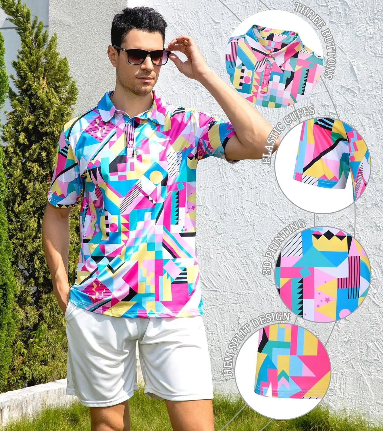 uideazone Mens Golf Shirt Dry Fit Athletic Polo Shirts Moisture Wicking Performance 3D Print Short Sleeve