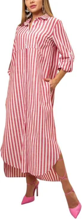 utcoco Women's 2025 Casual Loose Striped Shirt Dress Rolled Up Long Sleeve Side Slit Button Down Maxi Dress