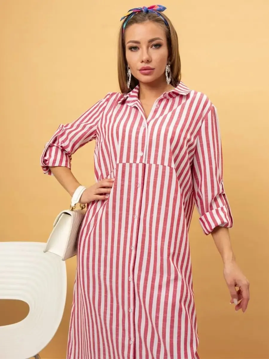 utcoco Women's 2025 Casual Loose Striped Shirt Dress Rolled Up Long Sleeve Side Slit Button Down Maxi Dress