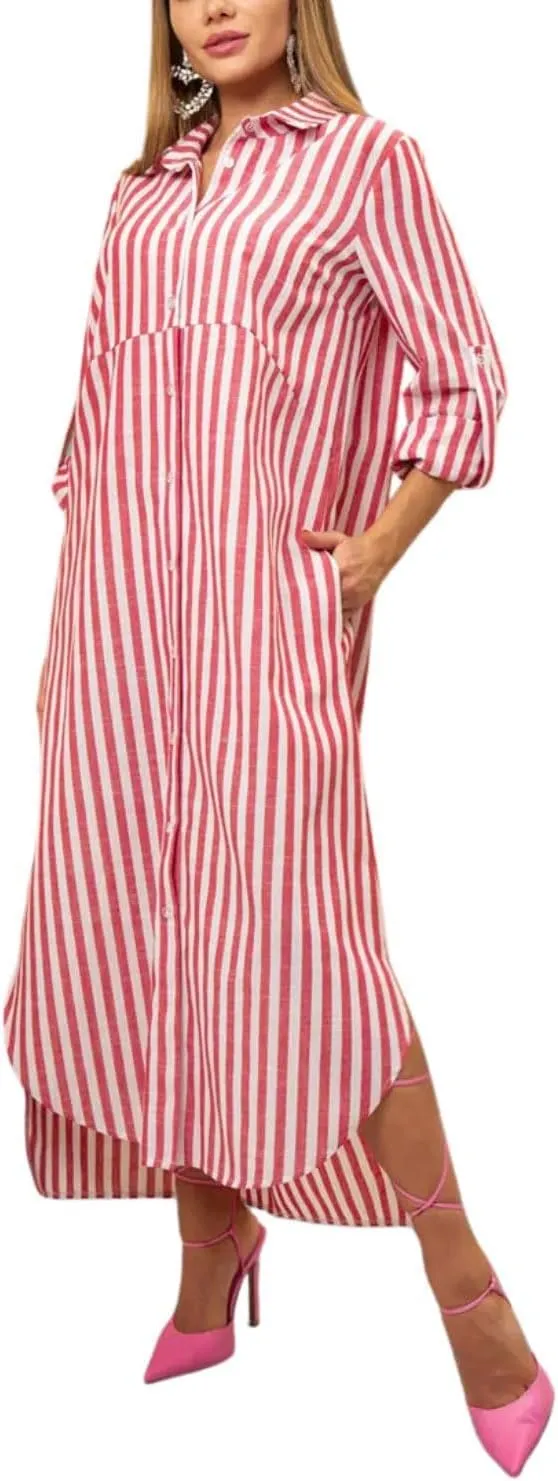 utcoco Women's 2025 Casual Loose Striped Shirt Dress Rolled Up Long Sleeve Side Slit Button Down Maxi Dress