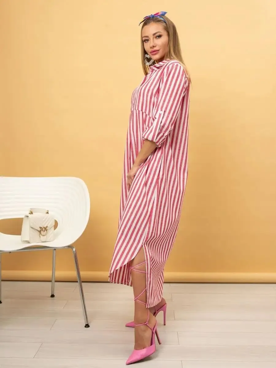 utcoco Women's 2025 Casual Loose Striped Shirt Dress Rolled Up Long Sleeve Side Slit Button Down Maxi Dress