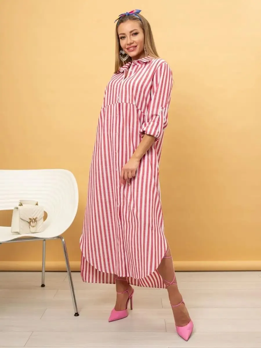 utcoco Women's 2025 Casual Loose Striped Shirt Dress Rolled Up Long Sleeve Side Slit Button Down Maxi Dress