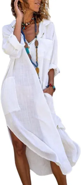 utcoco Womens Casual Loose Cotton Linen Long Shirt Dress Lapel Button Cuffed Sleeve Side Split Dresses with Pockets