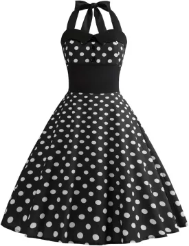 Vintage Women 1950s Rockabilly Swing Dress Pinup 50s Retro Hepburn Style Halterneck A-Line Dresses