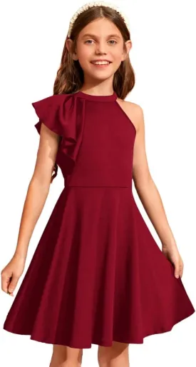 WDIRARA Girl's A Line Flowy Ruffle Sleeveless Asymmetrical Fancy Party Mini Dress