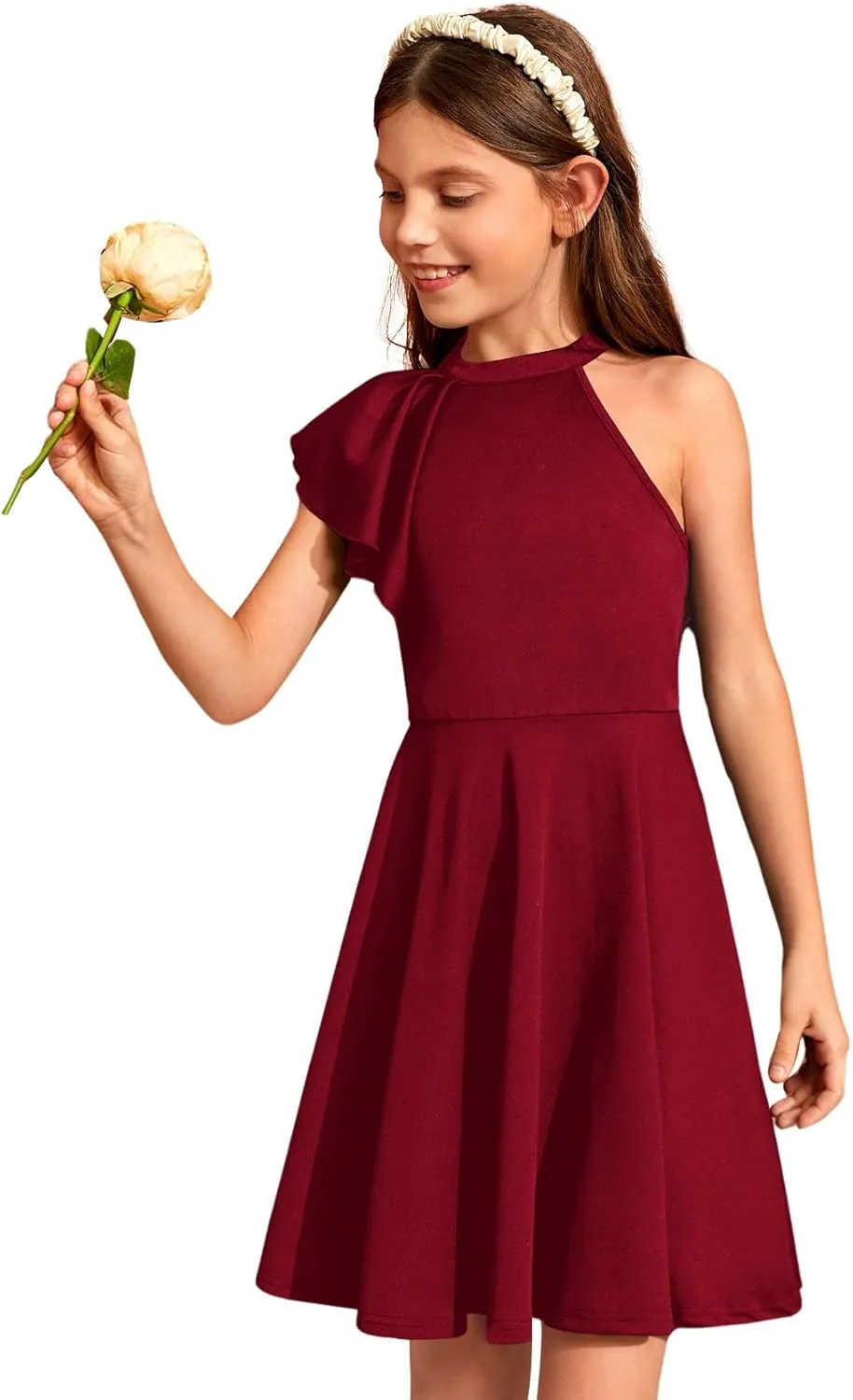 WDIRARA Girl's A Line Flowy Ruffle Sleeveless Asymmetrical Fancy Party Mini Dress
