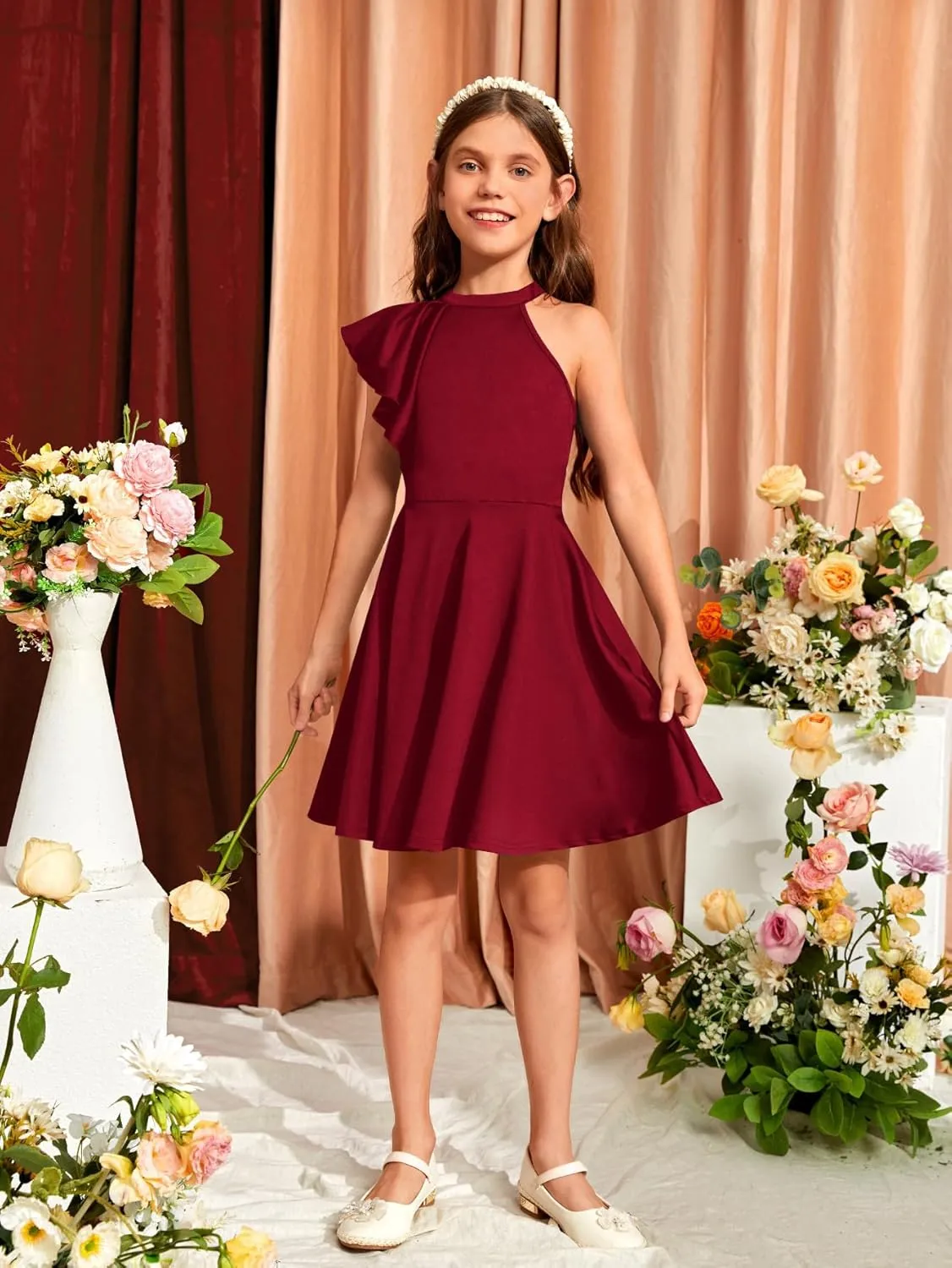 WDIRARA Girl's A Line Flowy Ruffle Sleeveless Asymmetrical Fancy Party Mini Dress